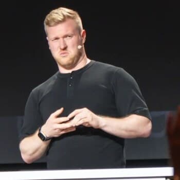 Perttu speaking on stage at React Conf